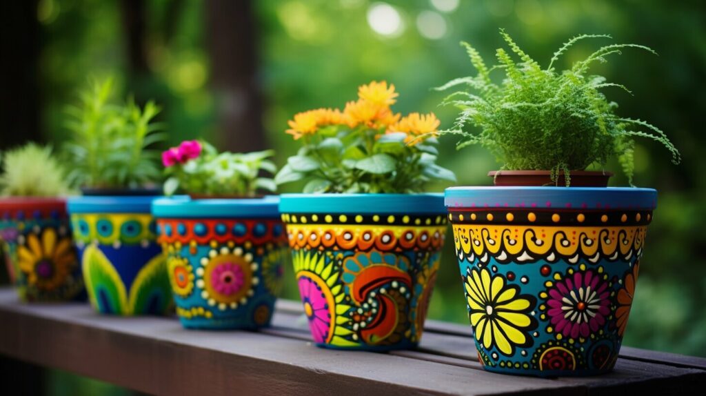 Decorating old flower pots with paint and design