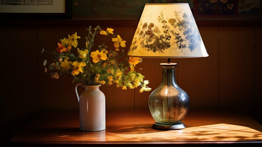 Refurbished table with a flower vase and a lamp on top