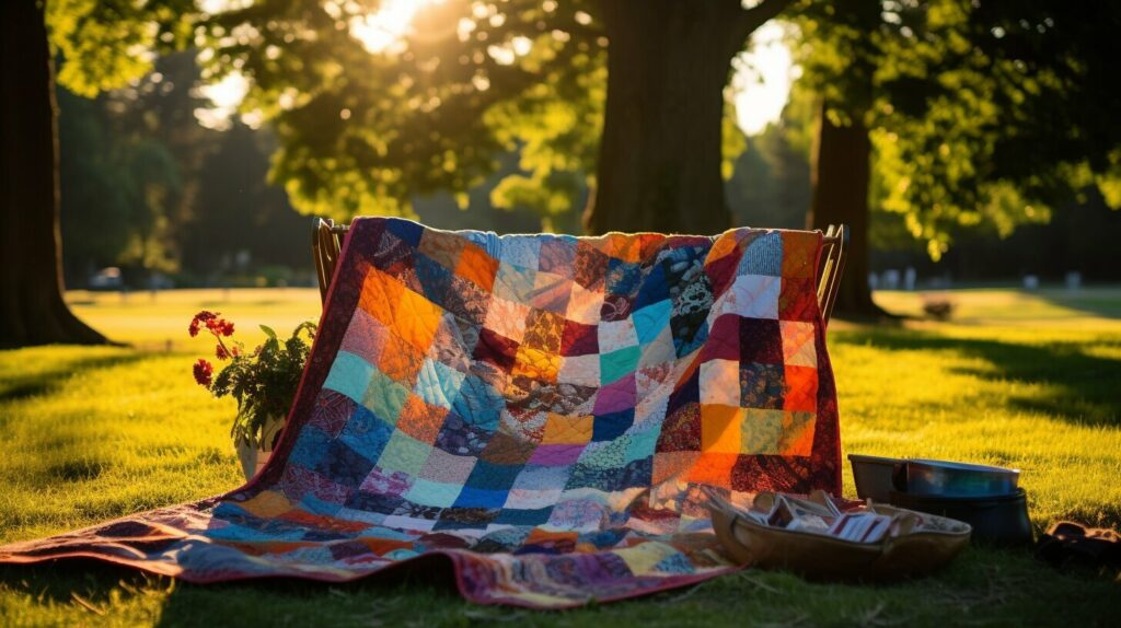 Repurposed umbrella fabric used to create a patchwork picnic blanket