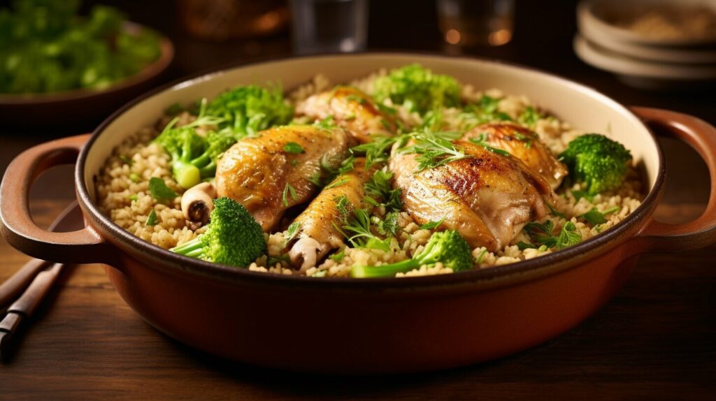 casserole dish with rice, chicken, and broccoli